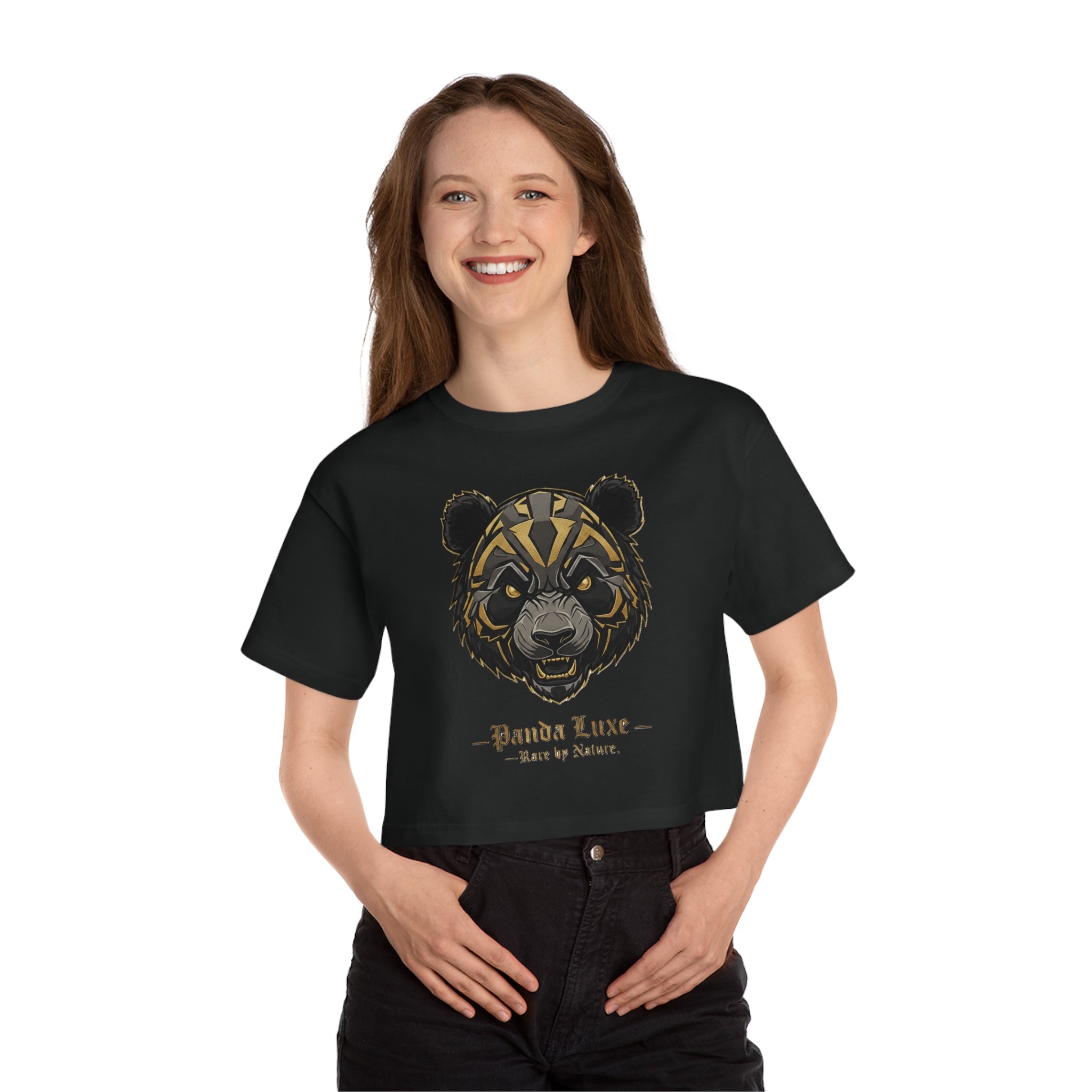 Panda Luxe Cropped Tee — Bold Tribal Panda Graphic